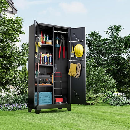 71" Metal Tools Storage Cabinet with Doors and Shelves, Outdoor Storage Sheds with Lock, Black Cleaning Supplies Organization Cabinet with Hanging Rod for Garage, Outdoor,