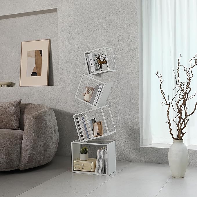 Bookshelf, 4-Tier Bookcase White, White Bookshelf, 4 Tier Bookshelf, 49''Tall Industrial Bookshelf, Modern Book Storage, Storage Shelves for CDs/Books/Home Decor, Display Shelf