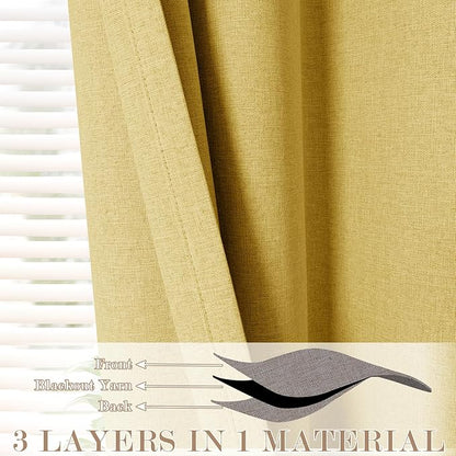 100% Blackout Linen Textured Drapes for Bedroom Pinch Pleated Curtains for Track System Portable Drapery for Sliding Glass Door/Storage/Space Room Divider, 70" Wx84 L, 1 PC, Yellow
