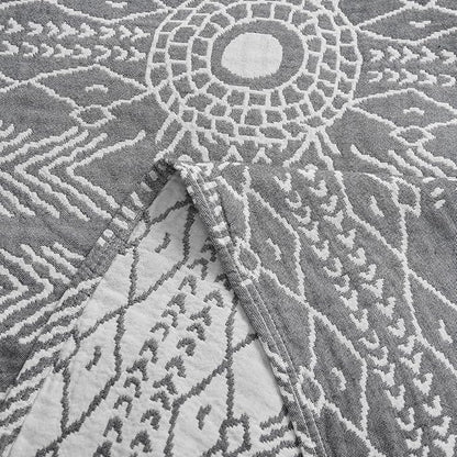 jinchan Boho 100% Cotton Muslin Blanket 3-Layer Queen Size 80x90 Inches Geometric Grey Lightweight Reversible Soft Cozy Comfy Throw for Couch Sofa Bed Large Coverlet Quilt Blanket Bedroom All Seasons
