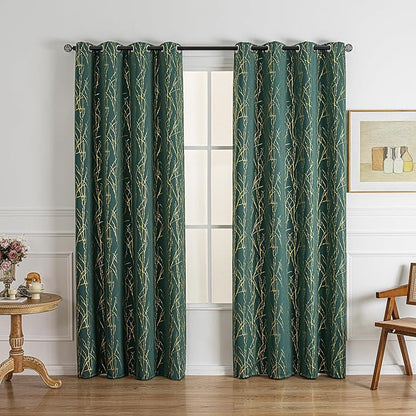 Grommets Blackout Long Window Curtains Green Gold-52W*108L 2PCS Drapes for Bedroom