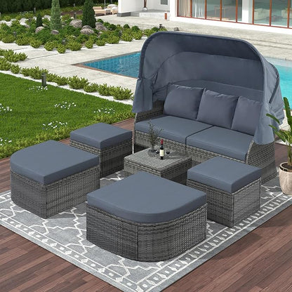 Rectangle Furniture Daybed Sunbed with Retractable Canopy, Outdoor Wicker Conversation Set with Cushions for Patio, Backyard, Porch, Garden, Onesize, Hb-Gray