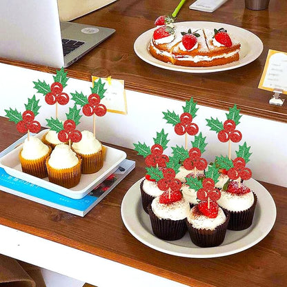 24 Pack Christmas Holly Leaves Cupcake Toppers Picks Christmas Eve Party Cake Baby Shower Birthday Party Cake Decoration Supplies