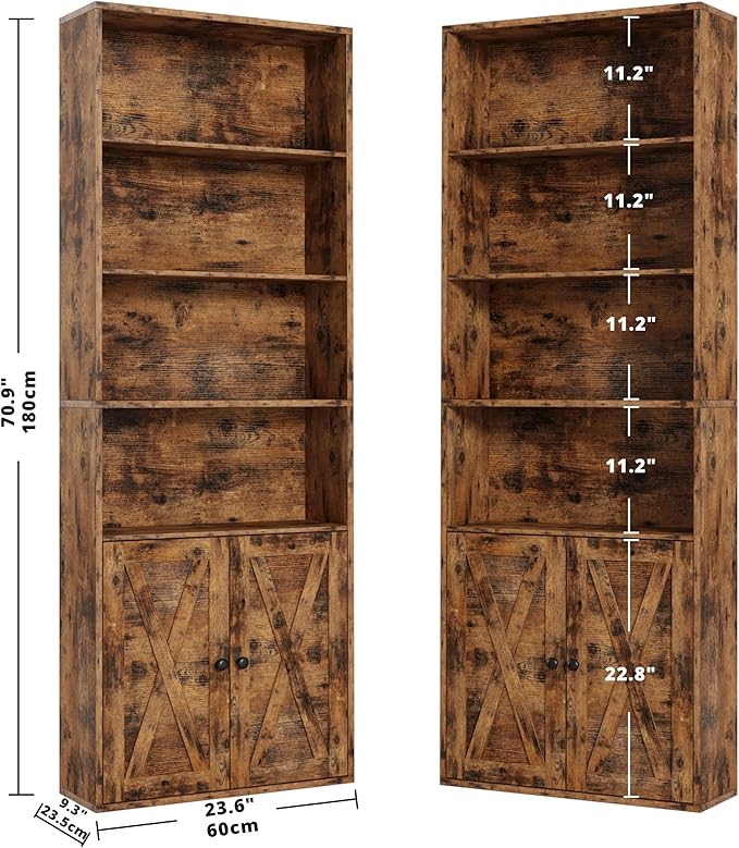 IRONCK Industrial Bookshelves and Bookcases with Doors Set of 2 Floor Standing 6 Shelf Display Storage Shelves 70 in Tall Bookcase for Home Office, Living Room