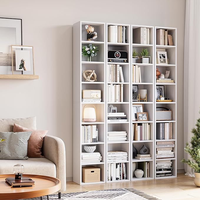 71 Inches Tall Narrow Bookshelf, 8-Tier CD DVD Slim Media Tower Rack, Corner Bookcase with Adjustable Shelves, Skinny Cubes Bookshelves for Home Office Small Space, White