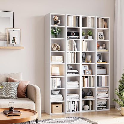 71 Inches Tall Narrow Bookshelf, 8-Tier CD DVD Slim Media Tower Rack, Corner Bookcase with Adjustable Shelves, Skinny Cubes Bookshelves for Home Office Small Space, White