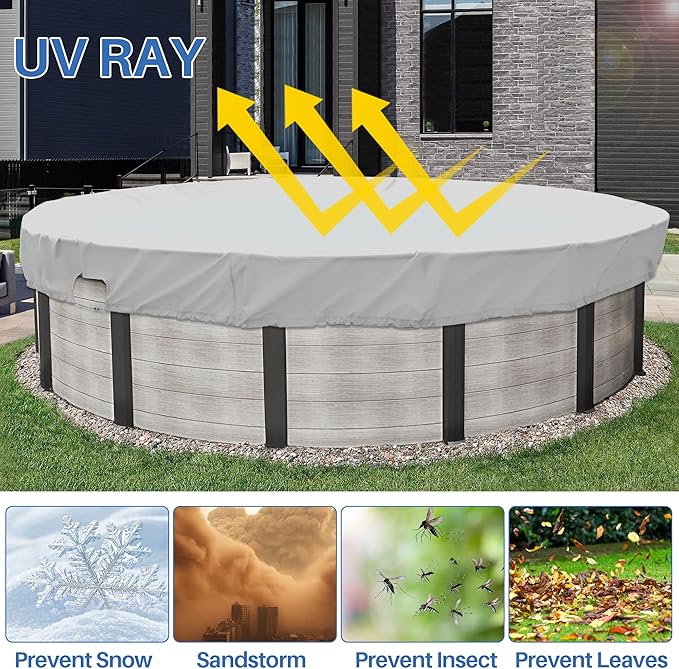 ECOOPTS 9 ft Waterproof Round Polyester Pool Cover for Above Ground Pools, Swimming Pool Cover Protector Winter Safety Cover (Light Grey)