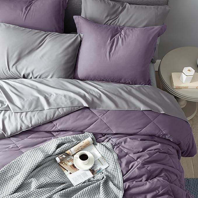 Bedsure Grayish Purple Full Size Comforter Set - 7 Pieces Reversible Full Bed in a Bag, Full Bed Set Grayish Purple and Grey with Comforters, Sheets, Pillowcases & Shams