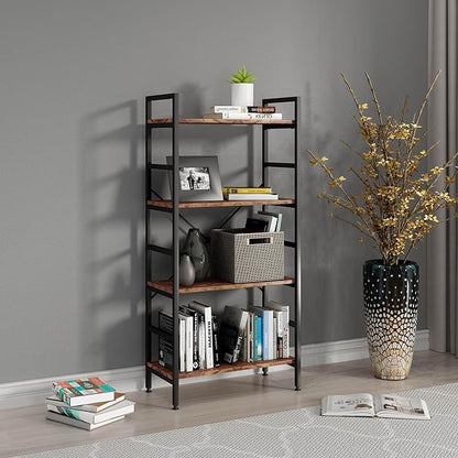 4 Tier Industrial Book Shelf,Modern Small Book Case for Books, Garage Kit, CDs, Movies, Standing BookShelves Display Rack for Bedroom/Living Room/Home Office - Rustic Brown Wood Bookcase