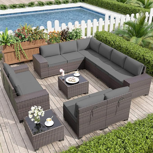 Patio Furniture Set Sofa 12-Pieces Wicker Sectional Sofa Set, Outdoor Furniture Rattan Patio Conversation Set with Thickened Cushions and Glass Coffee Table, Grey
