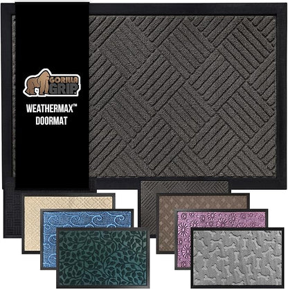 GORILLA GRIP 100% Waterproof All-Season WeatherMax Doormat, 34x58, US Designed Natural Rubber, Stain and Fade Resistant, Low Profile Indoor Outdoor Door Mats, Easy Clean Patio Mat, Gray Diamond