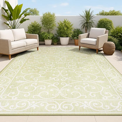 JONATHAN Y Vintage Filigree Indoor Outdoor Area Rug 5X8 Green/Cream, Charleston Textured Weave for Backyard, Patio, Porch, Easy-Cleaning, High Traffic, Pet-Friendly, Non-Shedding (SMB106H-5)