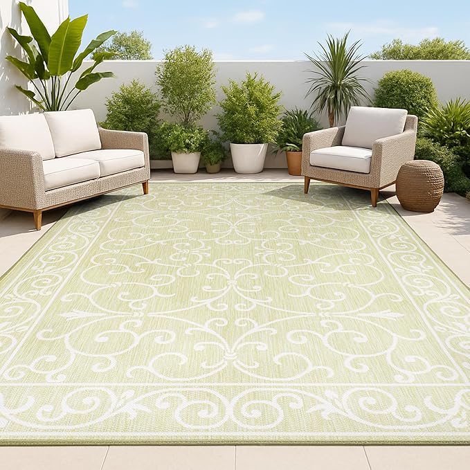 JONATHAN Y Vintage Filigree Indoor Outdoor Area Rug 3X5 Green/Cream, Charleston Textured Weave for Backyard, Patio, Porch, Easy-Cleaning, High Traffic, Pet-Friendly, Non-Shedding (SMB106H-3)