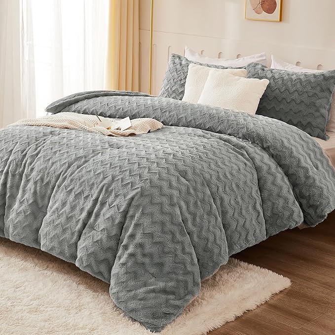 Andency Gray Fleece Comforter Set Full, 3 Pieces Fluffy Fuzzy Faux Fur Bedding Comforter Set, Plush Shaggy Warm Sherpa Bed Comforter Sets for Winter