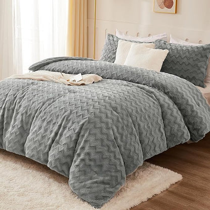 Andency Gray Fleece Comforter Set Full, 3 Pieces Fluffy Fuzzy Faux Fur Bedding Comforter Set, Plush Shaggy Warm Sherpa Bed Comforter Sets for Winter