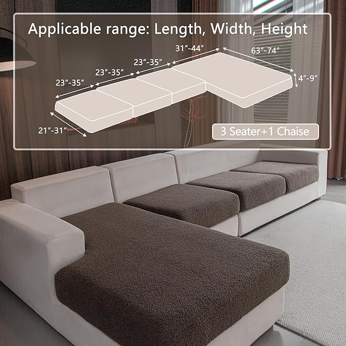 Couch Cushion Covers for Sectional Sofa, Stretch Soft Sofa Slipcovers Washable Wear-Resistant Universal Furniture Protector for Living Room(3 Seaters Covers+1 Chaise Cover, Brown)