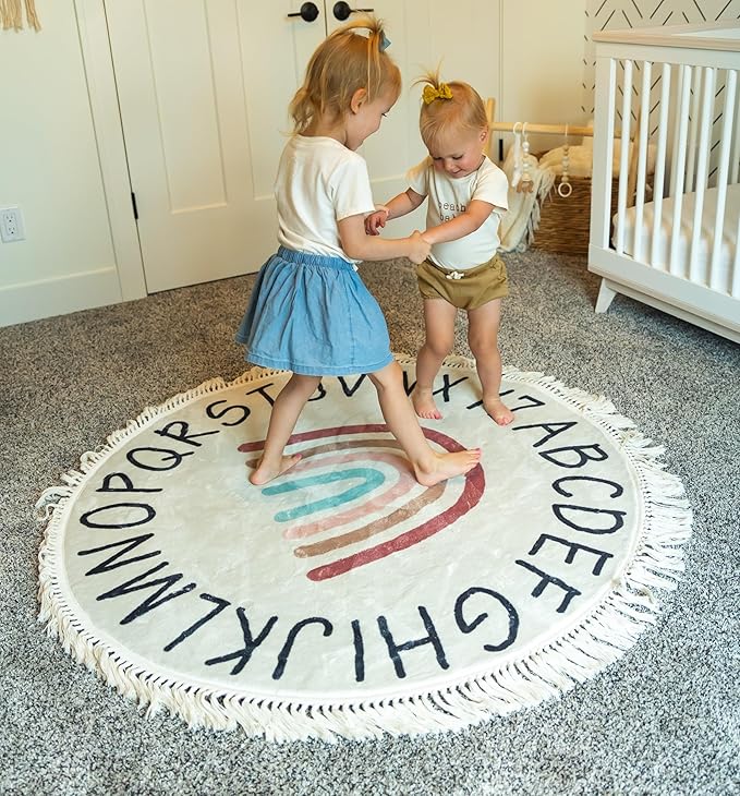 Round ABC Rug for Kids Playroom - 4ft Lovely Boho Rainbow Rug, Ultra Soft & Non Slip - Alphabet Circle Area Carpet for Nursery Toddler Baby Room - Colorful Cute Decor Mat for Girl & Boy, 47 inch