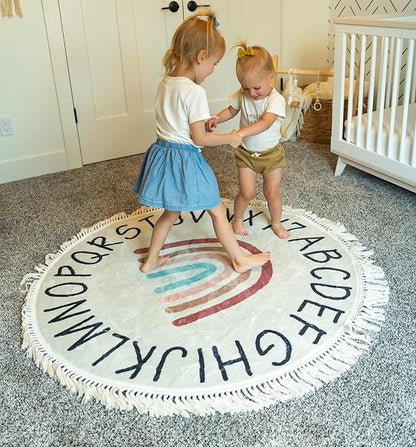 Round ABC Rug for Kids Playroom - 4ft Lovely Boho Rainbow Rug, Ultra Soft & Non Slip - Alphabet Circle Area Carpet for Nursery Toddler Baby Room - Colorful Cute Decor Mat for Girl & Boy, 47 inch