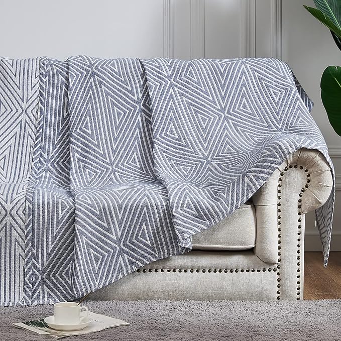 JINCHAN Boho 100% Cotton Blanket Muslin Twin Size 60x80 Inches Lightweight 3-Layer Geometric Triangle Striped Pattern Reversible Quilt Throw Soft Breathable Comfy All Seasons for Couch Bed Decor, Blue
