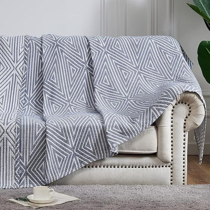 JINCHAN Boho 100% Cotton Blanket Muslin Twin Size 60x80 Inches Lightweight 3-Layer Geometric Triangle Striped Pattern Reversible Quilt Throw Soft Breathable Comfy All Seasons for Couch Bed Decor, Blue