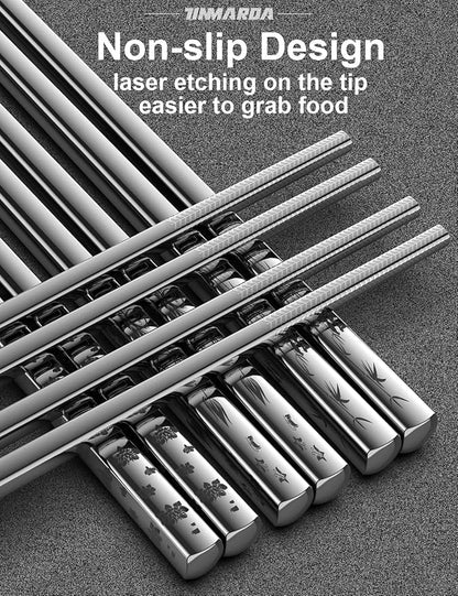 TINMARDA Metal Chopsticks Reusable 5 Pairs 18/8 Stainless Steel Chopstick Beautiful Engraving Patterns Dishwasher Safe Non-Slip Japanese Korean Chop Sticks Present Set