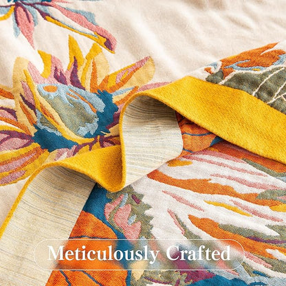Boho Throw Blanket Full Size, Extra Large Soft Cozy Cotton Muslin Quilt Blanket for Bed Decor, Floral Patterned Couch Sofa Chair Cover, Vintage Farmhouse Cottage Woven Blanket, Yellow&Blue