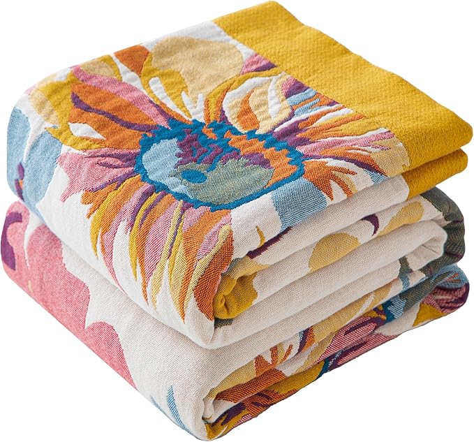Boho Throw Blanket Queen Size, Oversized Soft Cozy Cotton Muslin Quilt Blanket for Bed Decor, Floral Patterned Couch Sofa Chair Cover, Vintage Farmhouse Cottage Woven Blanket, Yellow&Blue