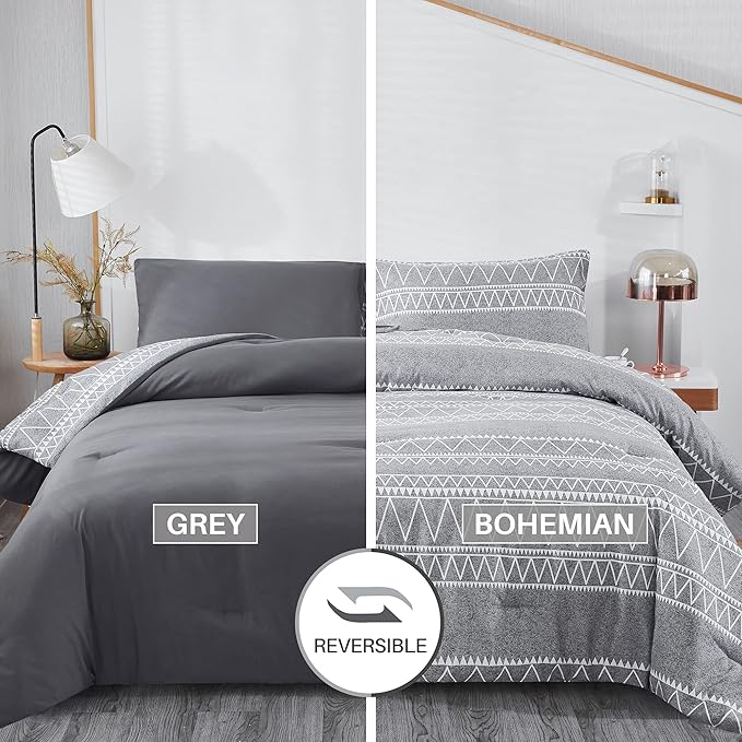Boho Grey Stirped Comforter Set Twin for Kids Adult, 2 PCS Reversible Bedding Set Gray Comforter with 1 Pillow Sham, Lightweight Breathable for All Seasons(Twin,66x90inches)