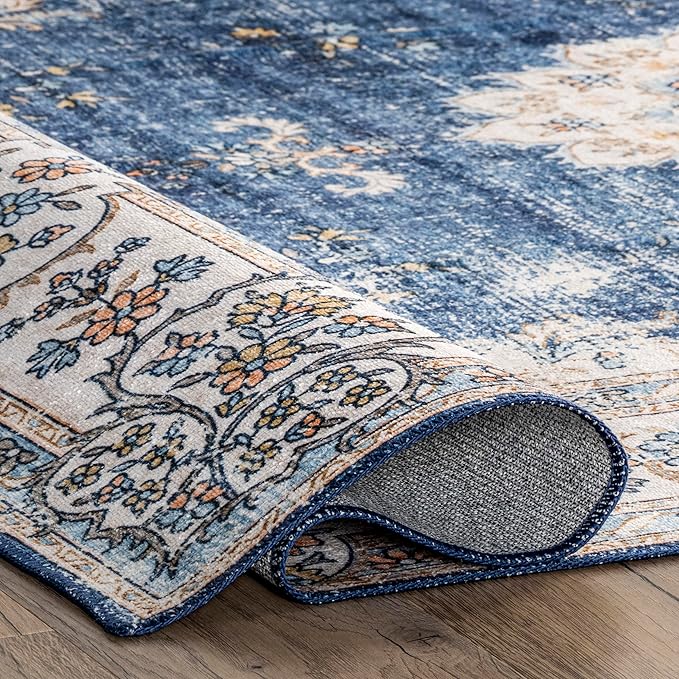 nuLOOM Ren Vintage Floral Machine Washable Ultra Thin Area Rug, 8x10, Blue