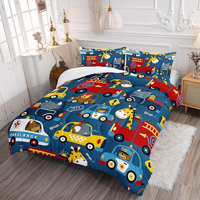 Datura home Kids Cartoon Car Comforter Set for Boys Kids Children,Transportation Car Police Car Kawaii Animals Printed Bedding Set with 1 Comforter, 2 Pillowcases(Cartoon Car Twin), Twin 68x86inches
