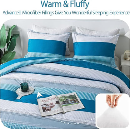 Andency Stripe Comforter Set Twin Size (66x90 Inch), 2 Pieces Teal Patchwork Striped Comforter, Soft Microfiber Down Alternative Comforter Bedding Set with Corner Loops