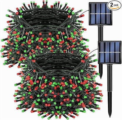 Dazzle Bright 2 Pack Total 132FT 400LED Red and Green Christmas Solar String Outdoor Lights, Solar Powered with 8 Modes Waterproof Fairy Lights for Bedroom Patio Garden Tree Party Yard Decoration