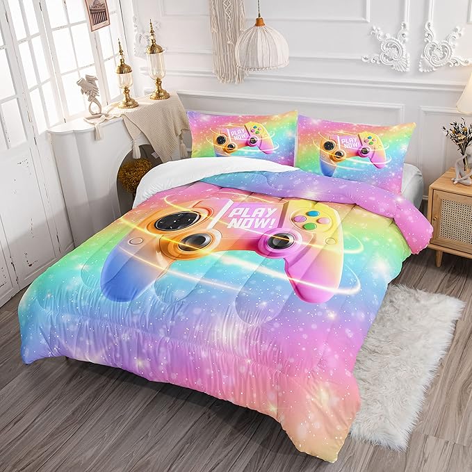 Datura home Bedding Comforter Set Rainbow Gamepad Printed Pattern Quilt with 1 and 2 Pillowcases for Girls Bedroom All Season(Rainbow Twin) Twin 68x86inches