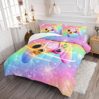 Datura home Bedding Comforter Set Rainbow Gamepad Printed Pattern Quilt with 1 and 2 Pillowcases for Girls Bedroom All Season(Rainbow Twin) Twin 68x86inches