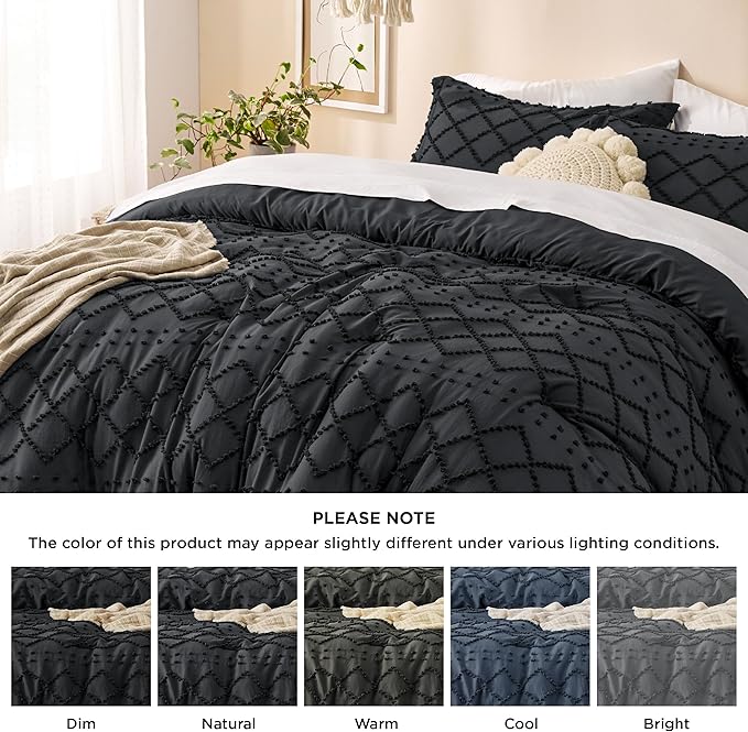 Bedsure Full Size Comforter Set - Black Comforter, Boho Tufted Shabby Chic Bedding Comforter Set, 3 Pieces Vintage Farmhouse Bed Set for All Seasons, Fluffy Soft Bedding Set with 2 Pillow Shams