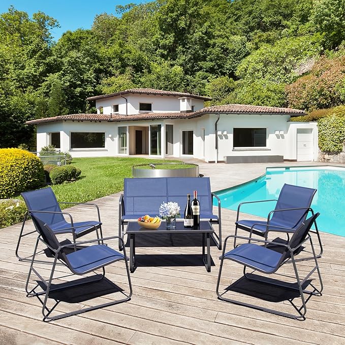 4 Piece Patio Outdoor Furniture Set with Strong Powder Coated Metal Frame One Love Seat, Two Single Chairs and one Table for Porch, Balcony, Backyad, Patio Conversation Set (Navy Blue)