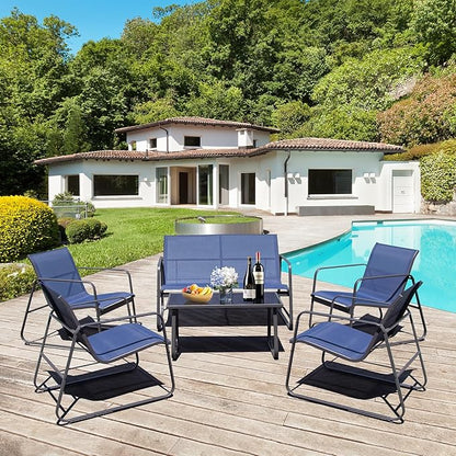 4 Piece Patio Outdoor Furniture Set with Strong Powder Coated Metal Frame One Love Seat, Two Single Chairs and one Table for Porch, Balcony, Backyad, Patio Conversation Set (Navy Blue)