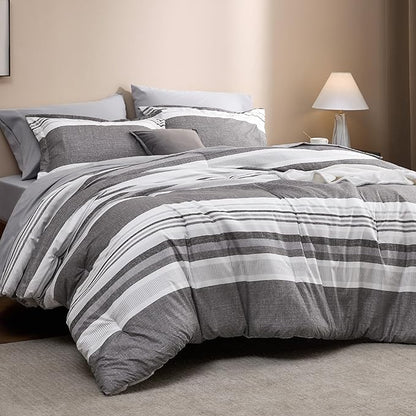 Bedsure Full Comforter Set - 7 Pieces Grey White Striped Bedding Sets Full Bed in A Bag with Comforters Full Size, Sheets, Pillowcases & Shams, Bed Sets
