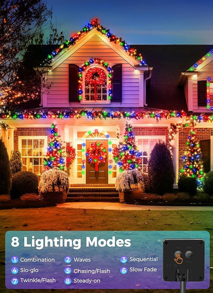 Minetom Christmas Lights Outdoor Solar Powered - 72FT 200 LED Christmas String Lights with 8 Lighting Modes, IP65 Waterproof Solar String Lights for Outside Tree Xmas Party Decoration, Multicolor