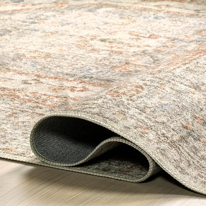 nuLOOM 4x6 Machine Washable Rain Haven Vintage Medallion Area Rug, Light Grey, Traditional Faded Design, Non-Slip Backing, Stain Resistant, For Bedroom, Dining Room, Living Room, Kitchen