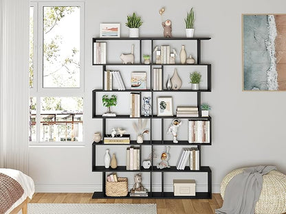 Yusong Bookshelf 6-Tier, Geometric Bookcase S Shaped Book Shelves for Bedroom, Modern Wood Decorative Display Shelf Tall Book Case for Home Office, Black