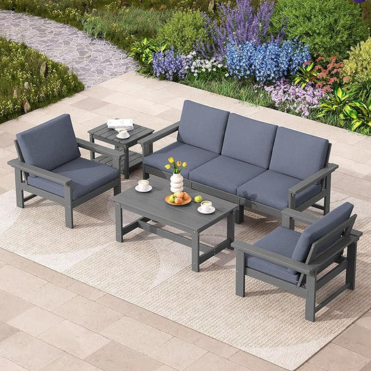 SERWALL HDPE Patio Coversation Set, 7-piece Outdoor Sectional Sofa Set, All Weather Patio Couch Set Patio Furniture for Balcony, Deck, Grey Frame with Grey Cushion