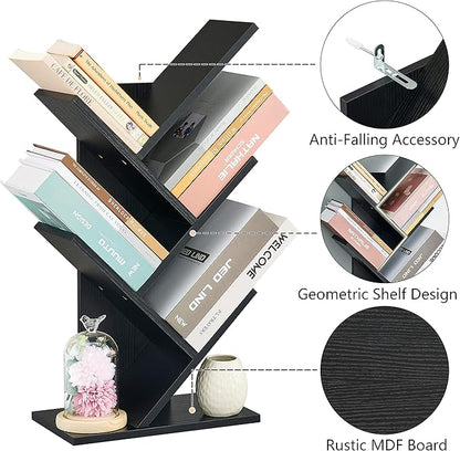 Hoctieon 4 Tier Tree Bookshelf, 4 Shelf Bookcase, Free Standing Tree Bookcase, Display Floor Standing Shelf for Books, Book Organizer Shelves for Home Office, Living Room, Bedroom, Black