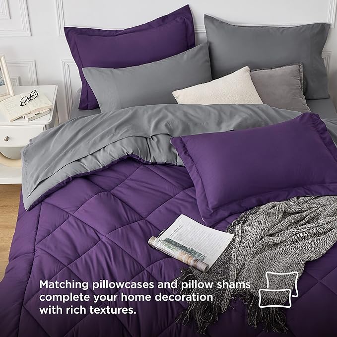 Bedsure Purple Twin Comforter Sets - 5 Pieces Reversible Twin Bedding Sets for College, Purple Extra Long Bed Set Twin with Comforters, Sheets, Pillowcase & Sham