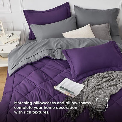 Bedsure Purple Twin Comforter Sets - 5 Pieces Reversible Twin Bedding Sets for College, Purple Extra Long Bed Set Twin with Comforters, Sheets, Pillowcase & Sham