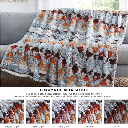 CASAAGUSTO Boho Sherpa Blanket,Teal Aztec Twin Blanket, Ultra Soft, Warm, Cozy, Plush, Thick Fleece Western Blanket for Couch, Bed, Sofa (Blue Grey 60 * 80 Inch)