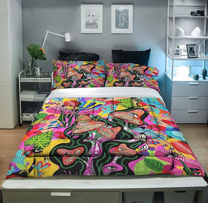 Sunnycitron Mushroom Twin Comforter Set for Girls Boys Colorful Mushroom Bedding Kids Comforter sets Mandala Mushroom Comforter for Twin Bed set - Fade Resistant(1 Comforter +2 Pillowcase)
