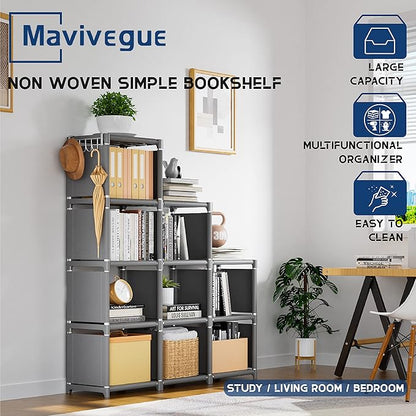 Mavivegue Book Shelf, 9 Cube Storage Organizer, DIY Bookcase, Metal Cube Bookshelf, Tall Book case for Bedroom, Living Room, Office, Closet Storage Organizer, Grey Cubicle Storage Rack