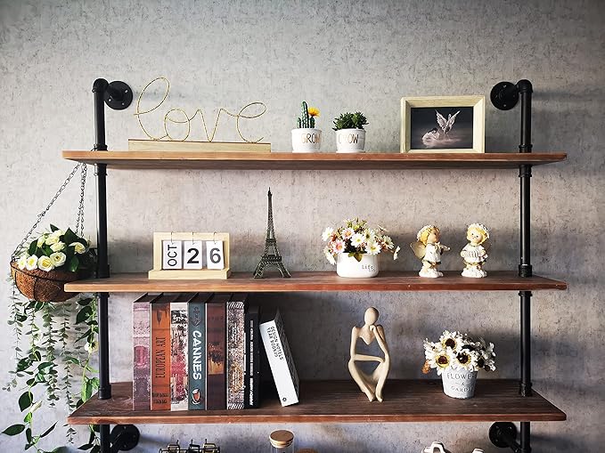 6 Tier Industrial Ladder Pipe Shelf, Wall Mounted Wood Metal Bookshelf for Living Room Storage (Weathered Brown, 10" D x 48" W x 82.5" H)