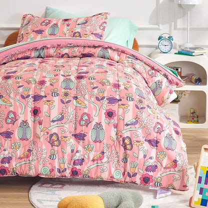 SLEEP ZONE Comforter Set Bed in A Bag, 7 Pieces Girls, Cattoon Pattern for Kids, Toddlers, Teens, Ultra Soft and Washable (Garden Secret,Full/Queen)
